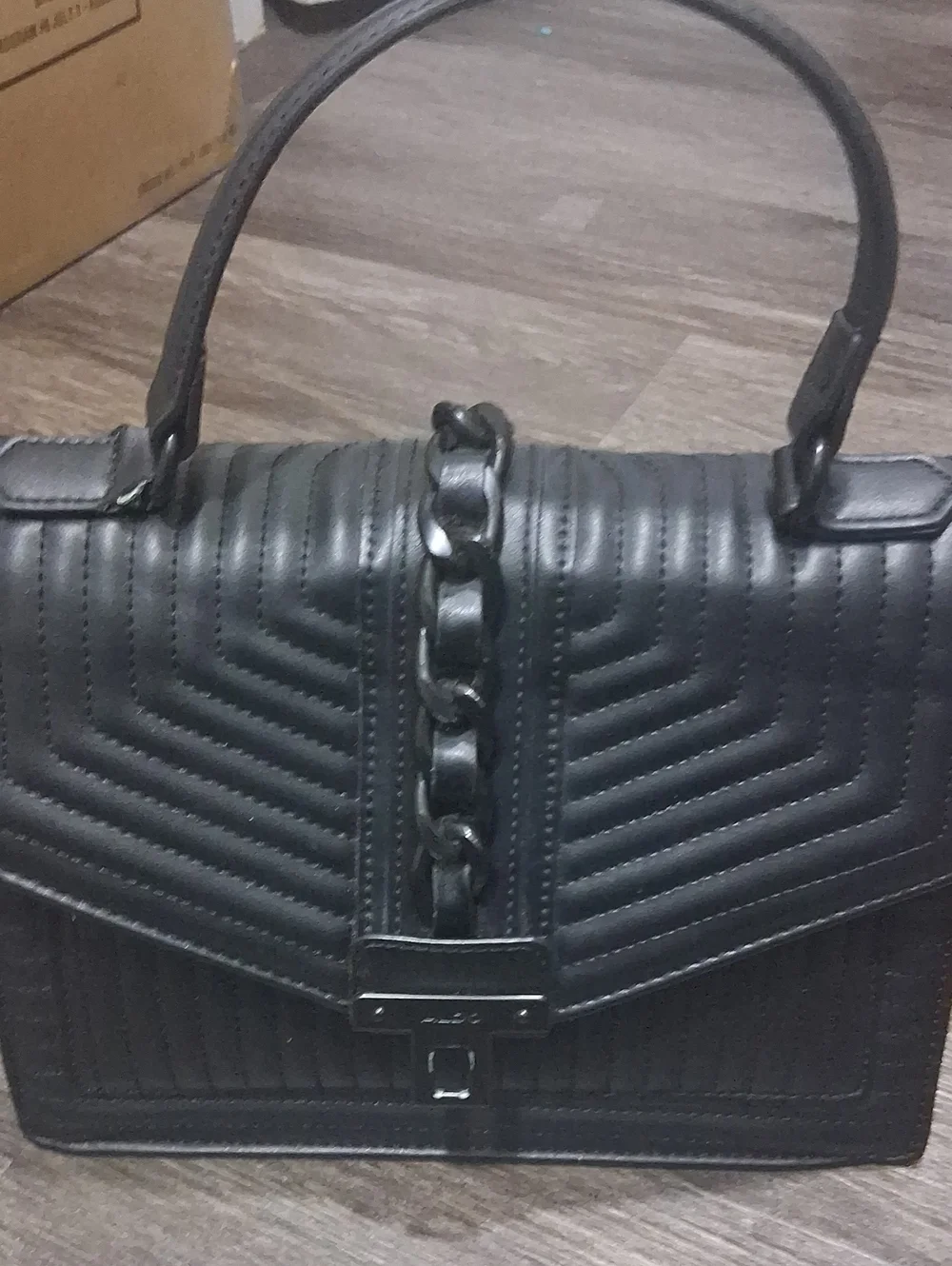 Aldo Black Quilted Top-Handle Satchel with Chain Detail